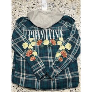 Primitive Skateboarding Hooded Flannel Shirt Green Plaid Floral Embroidered S